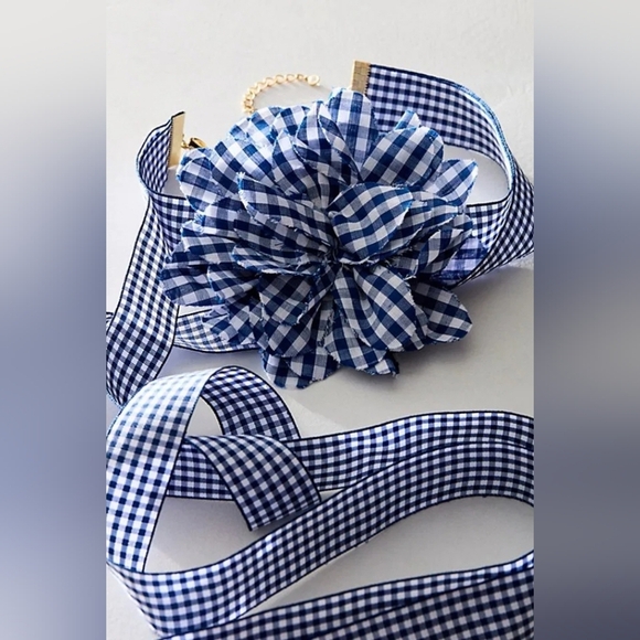 FREE PEOPLE, Your Favorite Printed Flower Necklace, Blue/White Gingham,  NEW!! - Picture 3 of 7